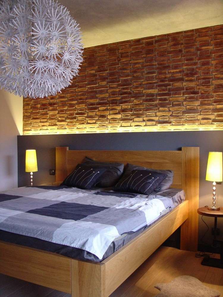 Idéer-vägg-design-tegel-vägg-led-remsa-sovrum-trä-säng