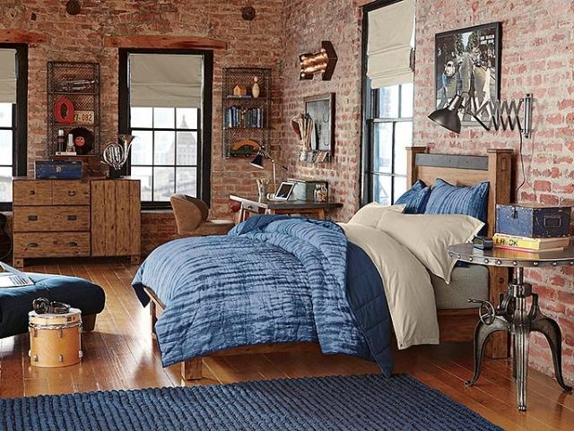 Pojkens sovrum-tegelväggdesign-rustikt utseende-byrå-plywood