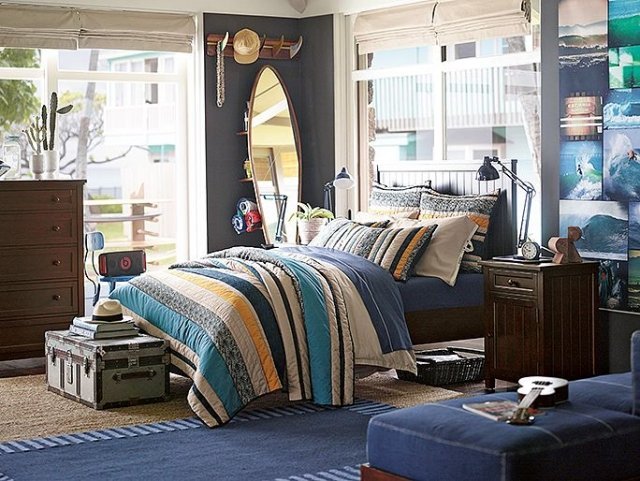 pojkrum i amerikansk stil-sängkläder-färger-surf-möblering-deco
