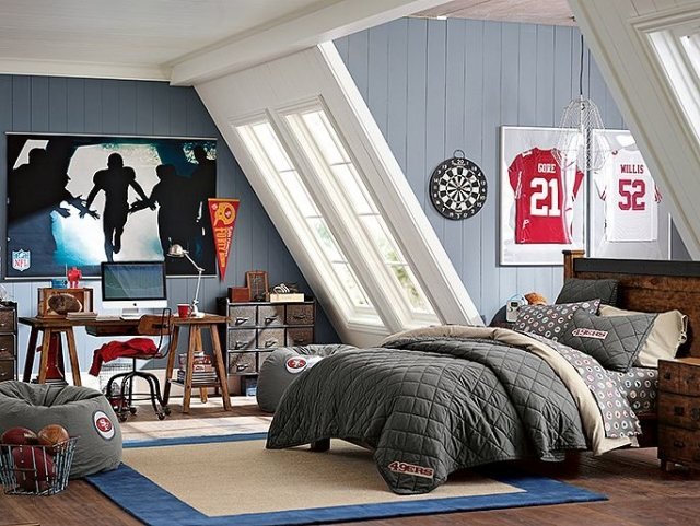 baseball-barnrum-motto-möblering-sluttande tak-fönster-trä säng