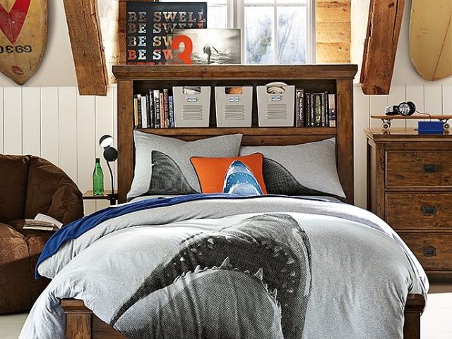 sängkläder-haj-tryck-tonåring-rum-textilier-möblering idéer