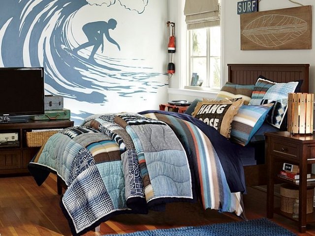 väggdekal-surf-våg ryttare-blå-vit-laminat-golv-design-pojkrum