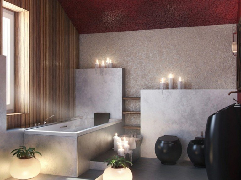 badrumsbilder grå väggdesign sluttande tak röda ljus toalett svart