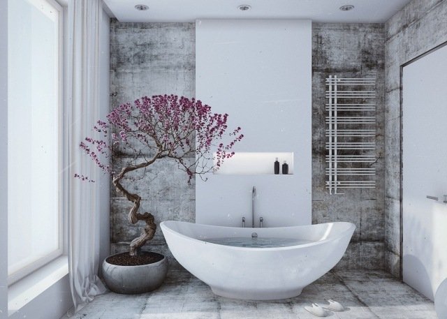 Futuristiska-badrum-fristående-badkar-design-ergonomisk-växt-betong-väggar
