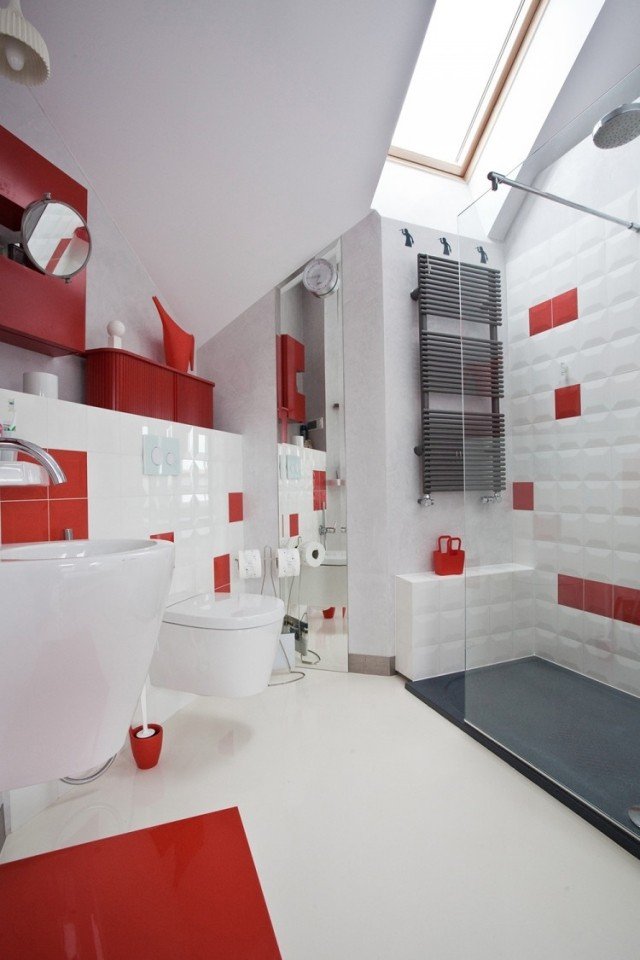 Väggdesign-väggplattor-högglans-3d-effekt-vit-röd-dusch-glas-partition