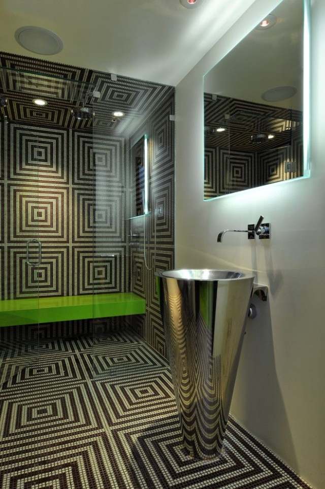 vägg-golv-mönster-mosaikplattor-fristående tvättställ-metall-bänk-neon grön-dusch