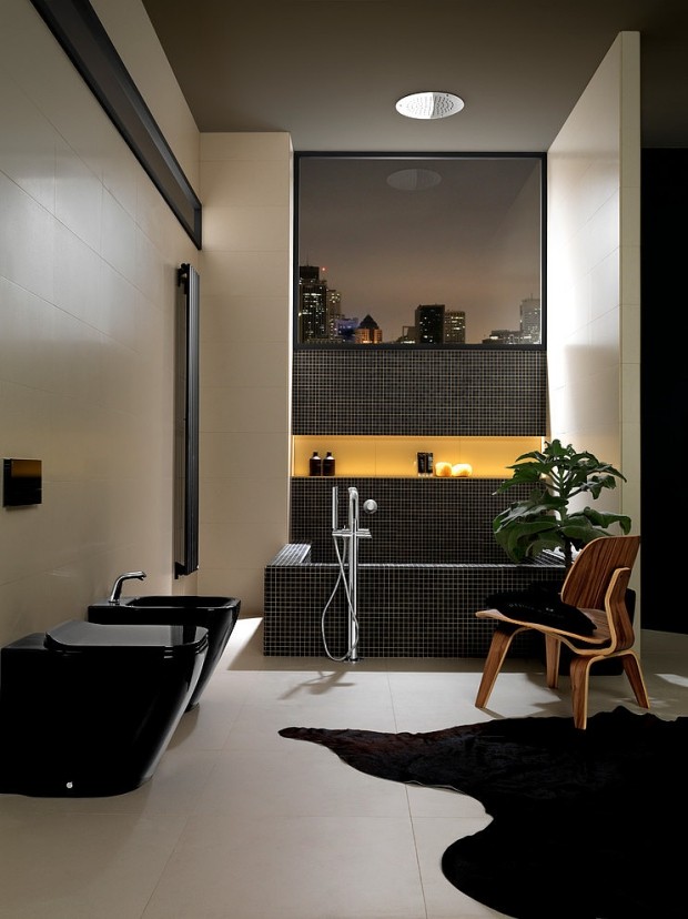 lyx-badrum-design-idéer-dörrmatta-svart-toalett-bidé-mosaik-badkar