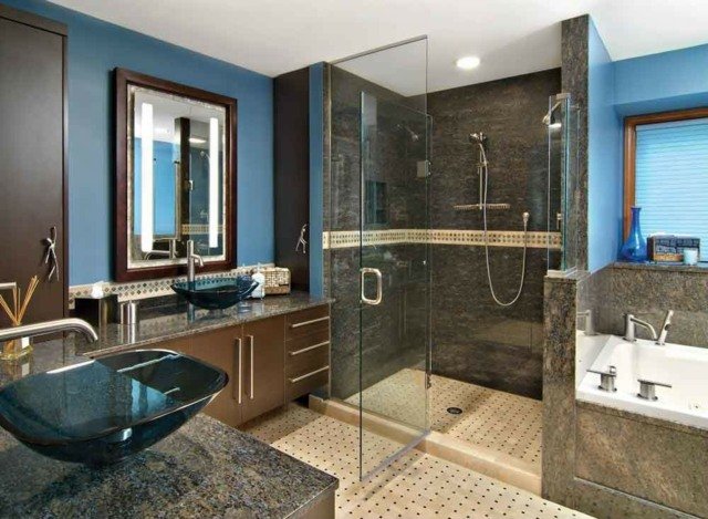 Badrum blågrå sandfärg moderna badrumsmöbler