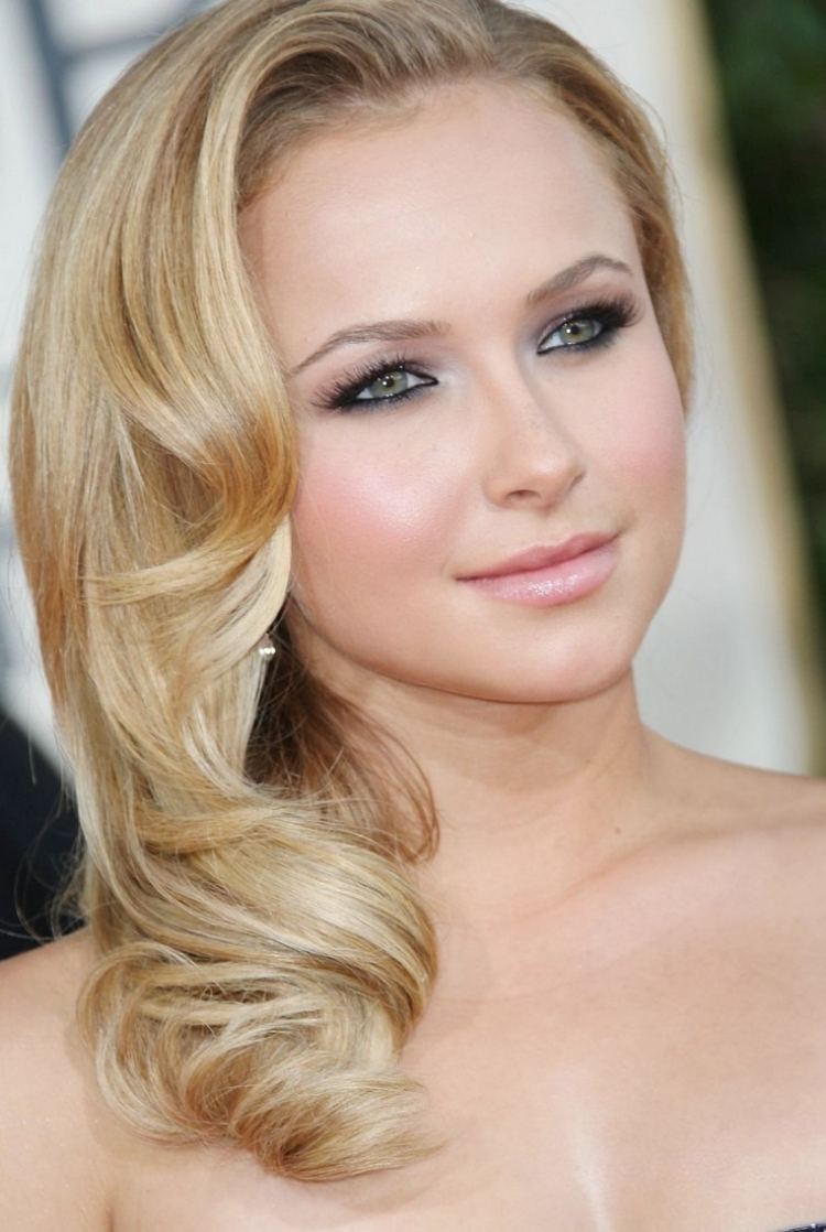 Examensfrisyrer-elegant-hår-öppet-i sidled-smokey-eyes-make-up-Hayden-Panettiere