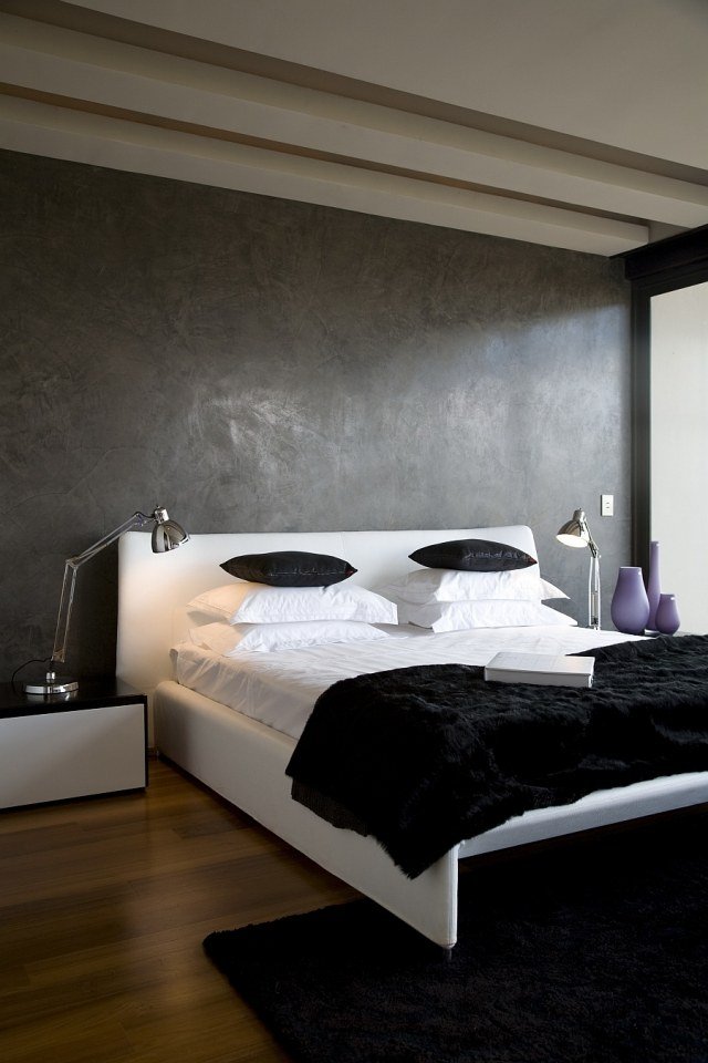 sovrum-vägg-design-färg-effekter-mörk-grå-svart-matta-överkast