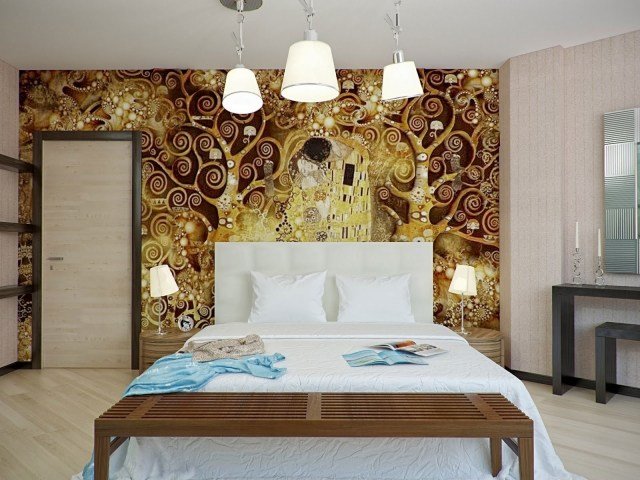 sovrum-vägg-dekoration-konstnärlig-fototapet-guldbrun