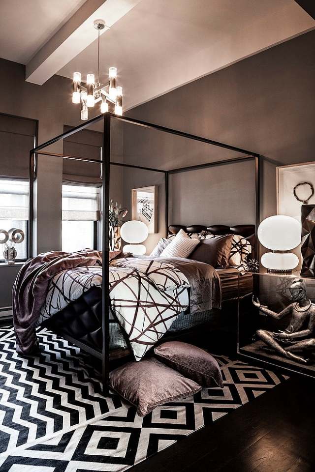 sovrum-idéer-svart-vit-brun-mönster-matta-sängkläder