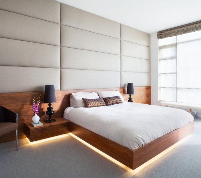 Sovrumsidéer modern-säng-under-belysning-väggklädsel