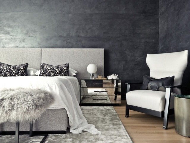 sovrum idéer möbler-grå-vägg design-färg effekter-metall-optik