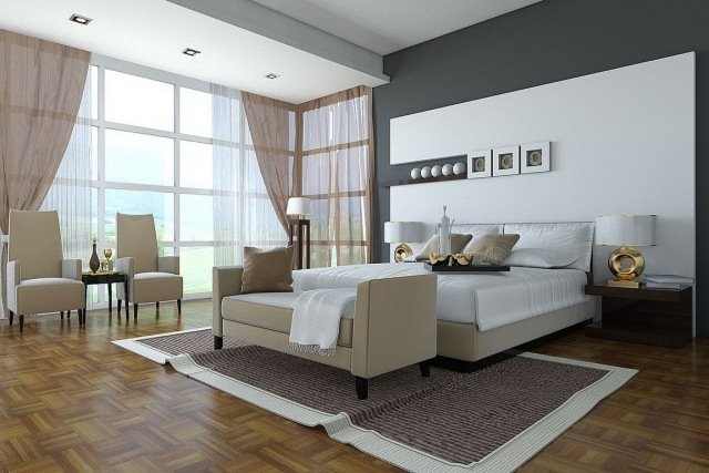 modernt sovrum-vägg-panel-vita-hyllor-laminatgolv