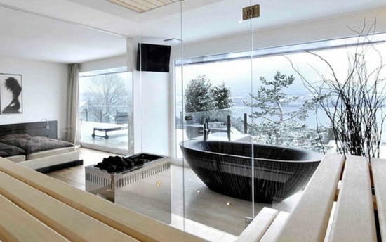 Levande idéer badrum svart marmor badkar sovrum modernt