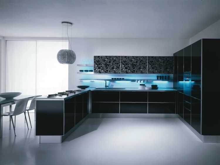 levande idéer för köket högglans svart design blå belysning