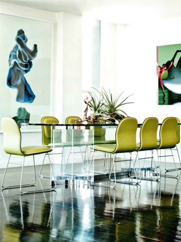 Interiöridéer modern matsal grönt glasbord golvbeläggning