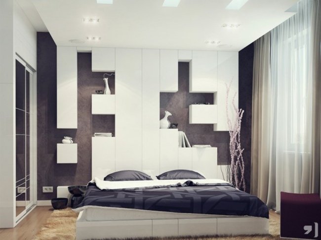 levande idéer för sovrumsdesign modern svartvit inbyggd vägghylla