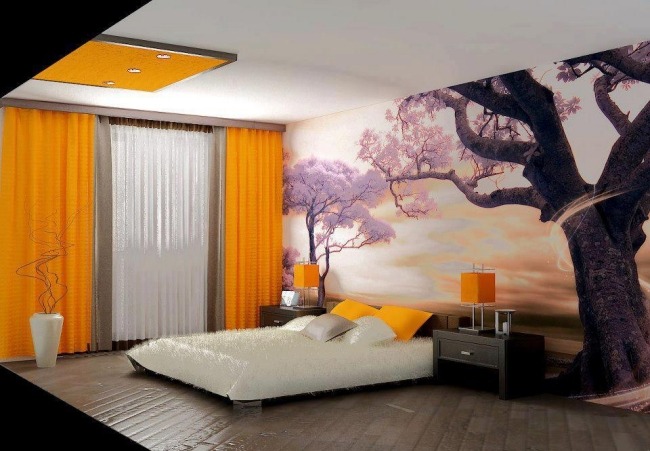 levande idéer sovrum design moderna gula accenter japansk väggdekoration