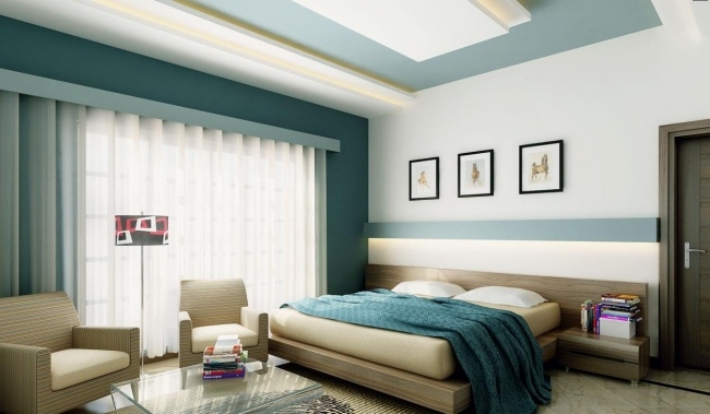 levande idéer sovrum design klassisk blå beige färgkombination