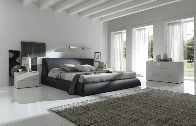 levande idéer sovrumsdesign minimalistisk grå lädersäng svart