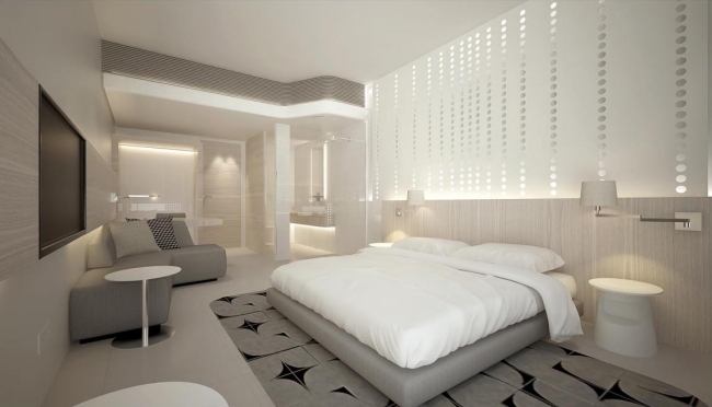 levande idéer sovrum design minimalistisk grå glas vägg prickar