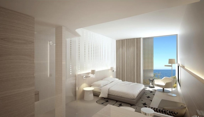 levande idéer sovrum design minimalistisk beige havsutsikt glasdörr