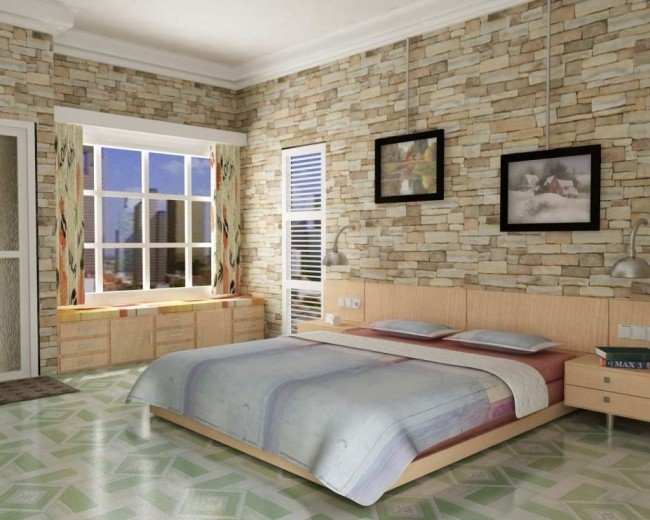 levande idéer för sovrumsdesign rustik pastellfärger stenmur