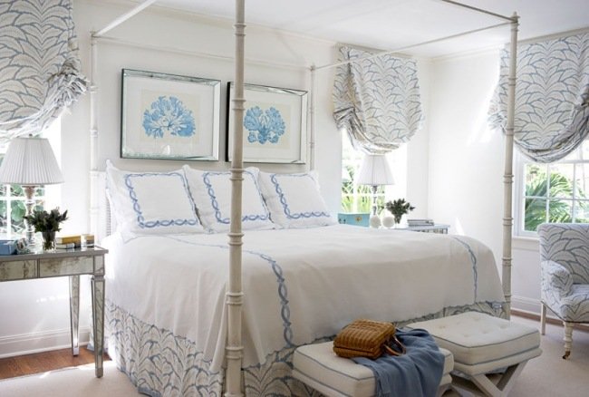 levande idéer för sovrumsdesign vintage vitblå dekorativa element
