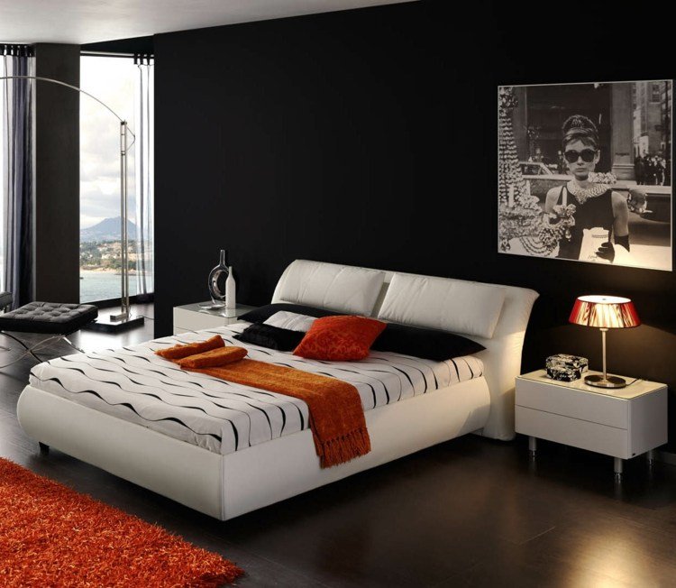 målarum idéer sovrum modern svart vägg vit säng