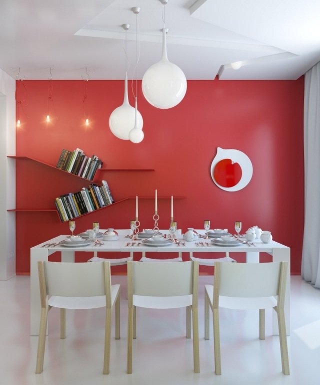 matplats-röd-accent-vägg-vit-möbler-taklampor