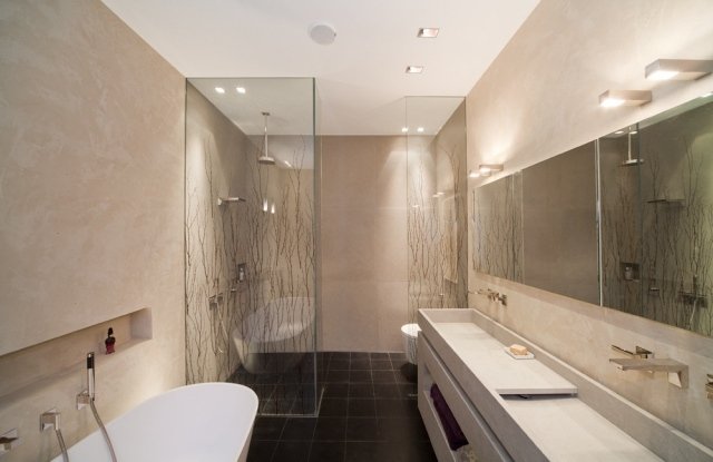 badrum-bilder-glas-dusch-beige-vägg-färg-vägglampor