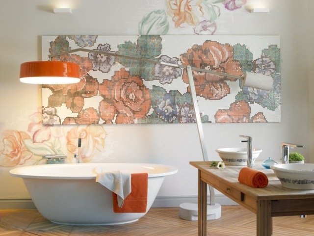 badrum-bilder-vägg-dekoration-ros-mosaik-orange-accenter