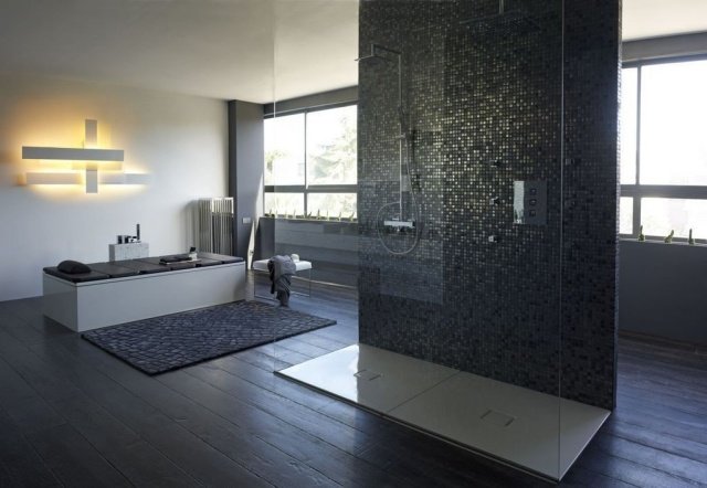 lyxigt badrum golv-nivå dusch-glasväggiga badkar