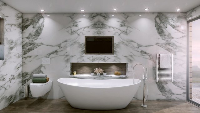 lyxigt badrum fristående badkar marmor väggbeklädnad