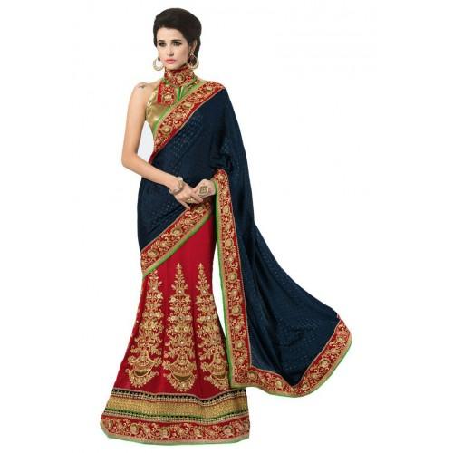 Navy Blue and Red Jacquard Georgette Sari 6