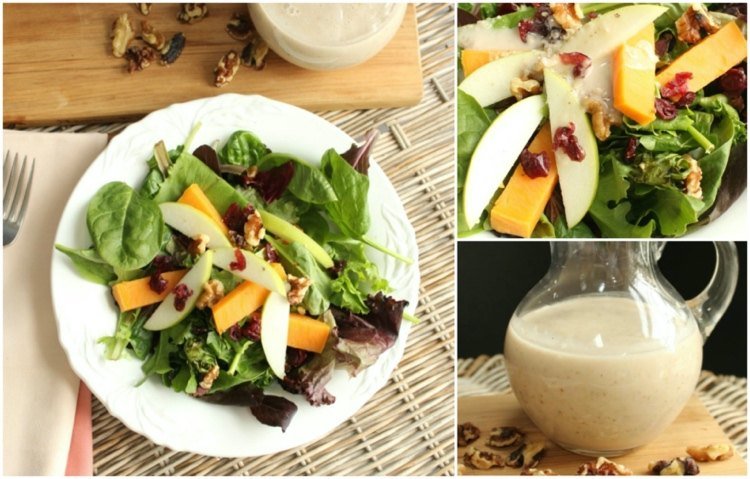 Lönn sirap och valnöt vinaigrette med spenatsallad med päron tranbär och pumpor