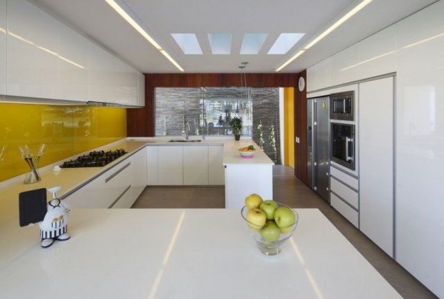 Köksinredningstips högglansiga gula taklampor för bakre väggar