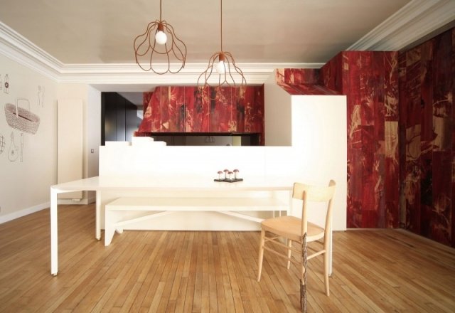 designer kök väggdekoration röda effekter arkitekt hus trägolv