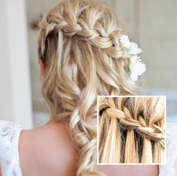 Bröllopsfrisyrer romantiskt flätade sträng av blommor i håret