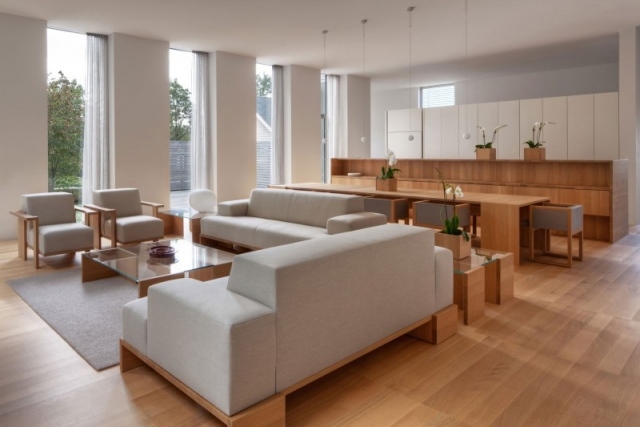 vardagsrumsdesign modernt trä varmgrå stoppade möbler