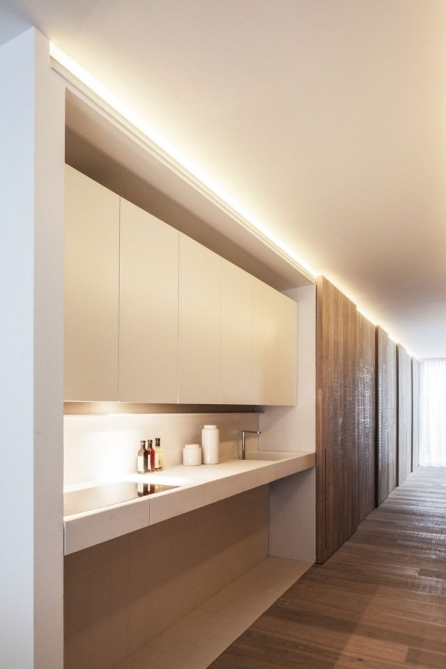 utrustat kök minimalistisk trä väggbeklädnad plankgolv