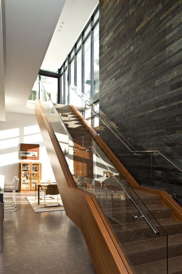 Stringer trappa moderna trä kinder granit steg glas räcke stål ledstång