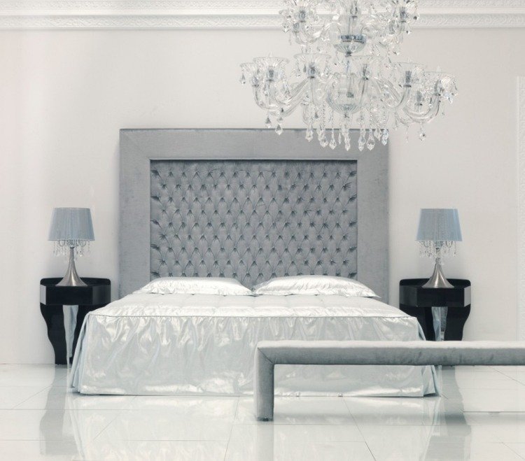 idéer-säng-sänggavel-ljuskrona-kristallglas-lyx-möbler-svart-grå