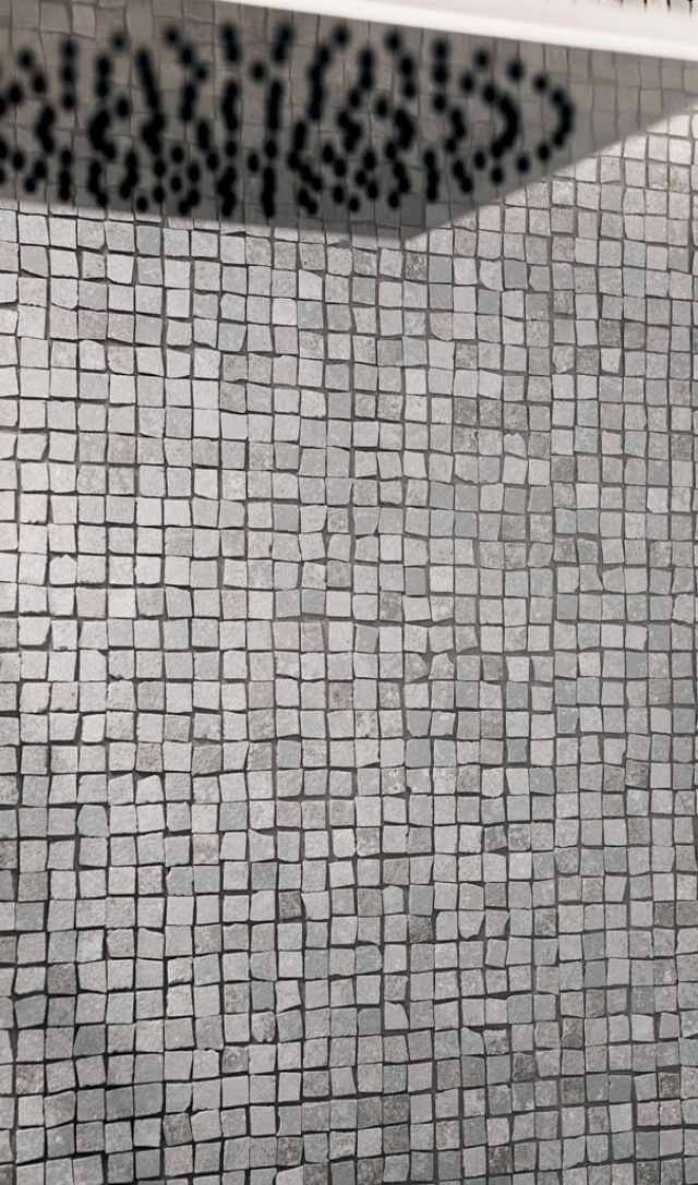 Heritage badrum design idé vägg dusch mosaik sten grå