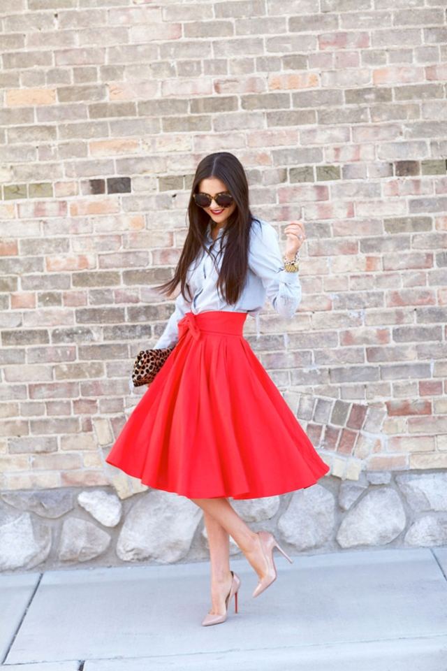 kjol-röd-chambray-skjorta-bomull-mode