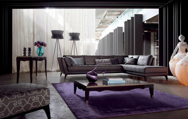 vardagsrumsmöbler grå soffmatta lila soffbord lyx