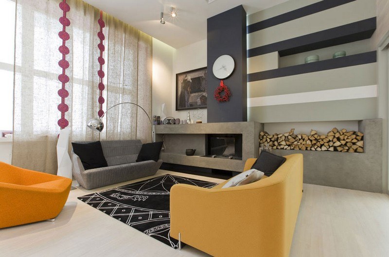 Levande idéer för vardagsrumsdesign-retro-möbler-gul-orange