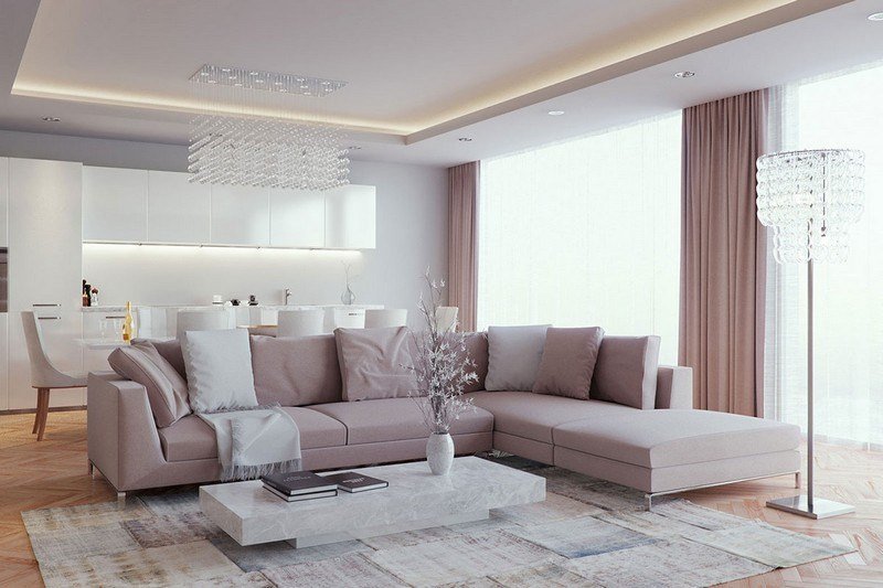 Vardagsrum-vardags-idéer-design-rosa-soffa-kristall-golvlampa